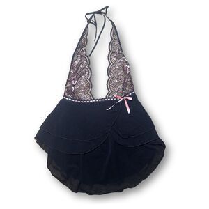 Black & Pink Lace Y2K Coquette Fairy Goth Lolita Babydoll Halter Top & Panty Set